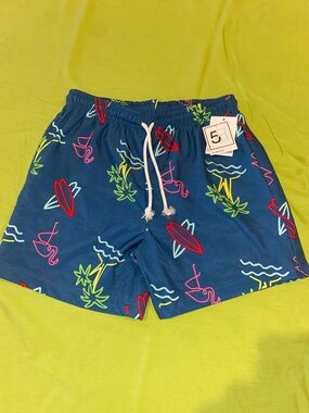 NWT Men's Blue Tropical Print Swim Shorts with Drawstring